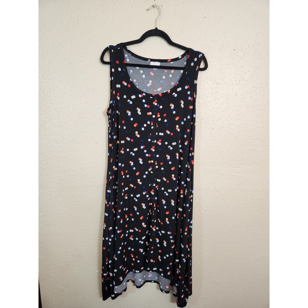 Avenue Womens 14/16 Black Polka Dot Sleeveless Midi Dress Pockets Button Front
